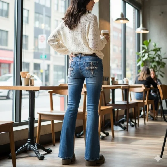 Miss Me Jeans Womens 28 Blue Low-Rise Easy Boot Embellished Denim Cross Y2K - Picture 2 of 14